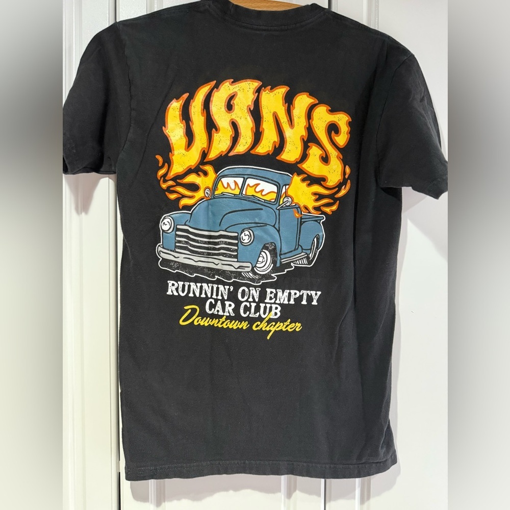 Vans Black Tee with Blue Truck and Yellow Flames